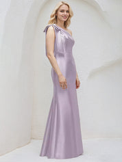 Lilac Sheath/Column One Shoulder Sleeveless Floor Length Satin Bridesmaid Dresses