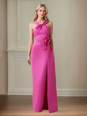 Deep Pink Satin Sheath/Column Cross Halter Floor Length Mother of the Bride Dresses
