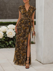 Brown Floral Wrap Dress V Neck Sleeveless A-Line Maxi Dress