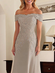 Elegant Taupe Off The Shoulder Sheath Mother of the Bride Dress with Lace