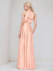 Salmon Satin A Line Halter Neck Sleeveless Ruched Asymmetrical Bridesmaid Dress
