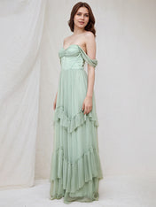 A Line Sage Tulle Off the Shoulder Sleeveless Floor Length Dress With Ruffles