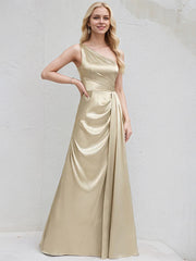 Champagne Satin A Line One Shoulder Sleeveless Floor Length Bridesmaid Dress