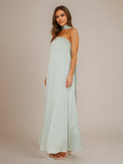Sage Satin A Line Halter Neck Sleeveless Floor Length Bridesmaid Dresses