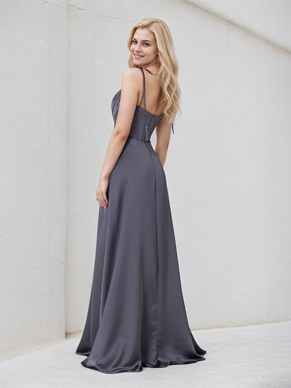 Gray Satin A Line Spaghetti Straps Sleeveless Floor Length Bridesmaid Dress