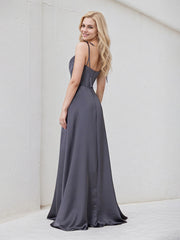 Gray Satin A Line Spaghetti Straps Sleeveless Floor Length Bridesmaid Dress