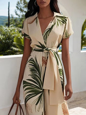 Beige Printing Floral Classic V Neck Short Sleeve A-Line Maxi Dress
