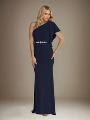 Trumpet/Mermaid Stretch Crepe One Shoulder Short Sleeves Floor Length Dress With Ruffles