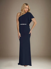 Trumpet/Mermaid Stretch Crepe One Shoulder Short Sleeves Floor Length Dress With Ruffles