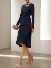 Navy Blue Rhinestone A-Line Midi Dress