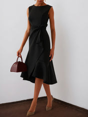 Black Sleeveless Midi Elegant A-line Dress with Waist Twist for Day-to-Night