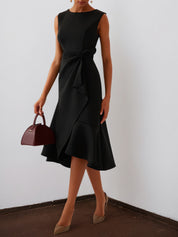 Black Sleeveless Midi Elegant A-line Dress with Waist Twist for Day-to-Night