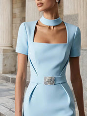 Light Blue Rhinestone Classic Square Neck Short Sleeve Sheath Midi Dress
