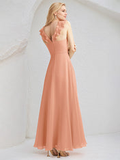 Peach Pink Chiffon A Line V Neck Sleeveless Floor Length Bridesmaid Dress With Ruffle