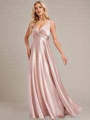 Dusty Rose A-Line V-Neck Floor-Length Satin Bridesmaid Dress