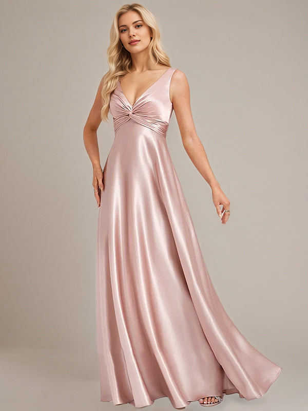 Dusty Rose A-Line V-Neck Floor-Length Satin Bridesmaid Dress
