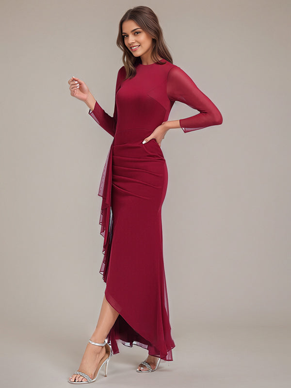 Burgundy Trumpet/Mermaid Scoop Asymmetrical Chiffon Bridesmaid Dress With Ruffle Ruched