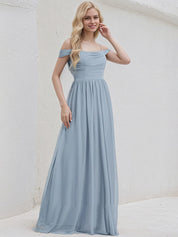 Dusty Blue Chiffon A Line Spaghetti Straps Sleeveless Floor Length Bridesmaid Dress