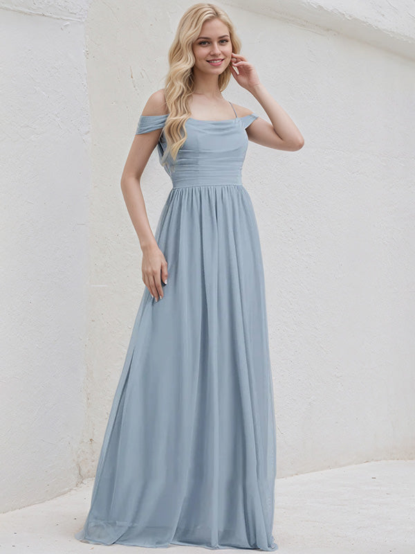 Dusty Blue Chiffon A Line Spaghetti Straps Sleeveless Floor Length Bridesmaid Dress