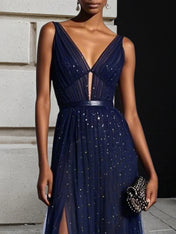 Purplish Blue Mesh Hotfix Embellished Classic V Neck Sleeveless Sheath Maxi Dress