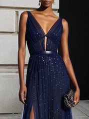 Purplish Blue Mesh Hotfix Embellished Classic V Neck Sleeveless Sheath Maxi Dress
