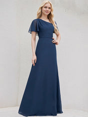 Navy Blue Chiffon A Line One Shoulder Short Sleeves Floor Length Bridesmaid Dress
