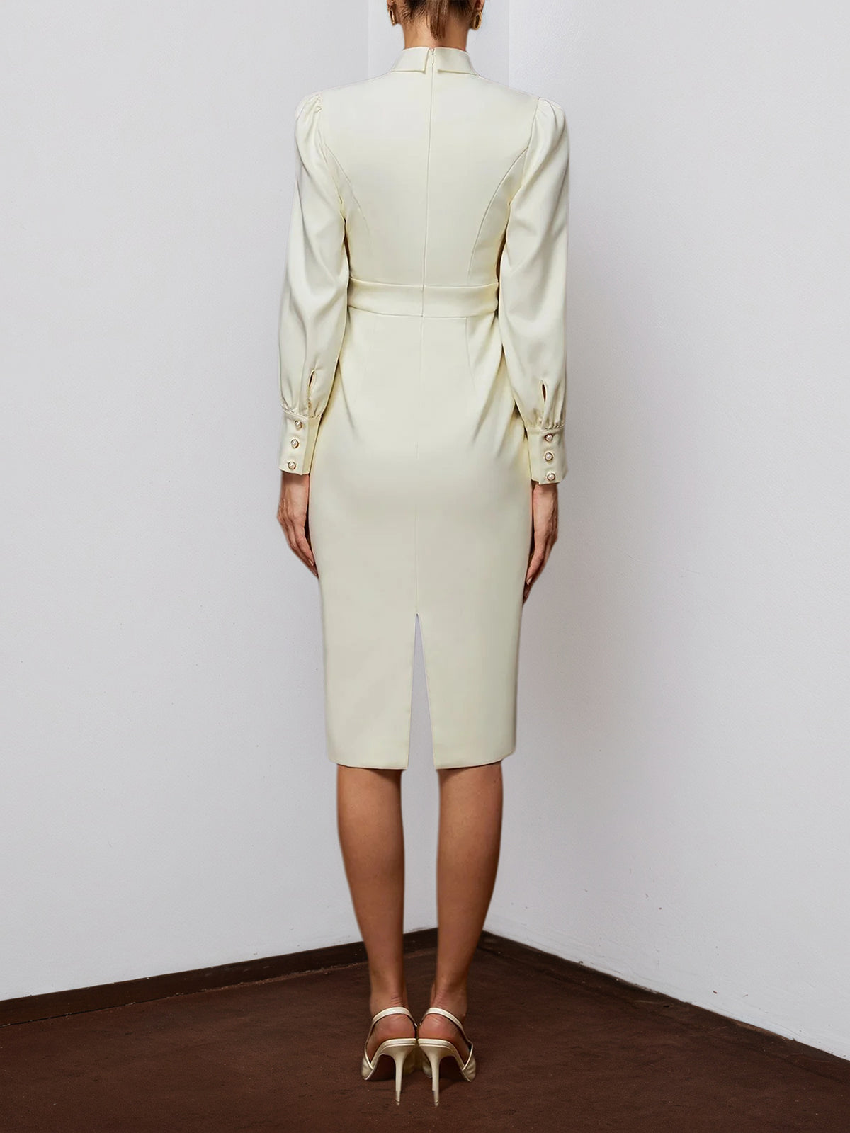 Off White Bow Neck Long Sleeve Sheath Midi Blazer Dress