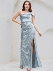 Ice Blue Satin A Line One Shoulder Sleeveless Floor Length Bridesmaid Dress