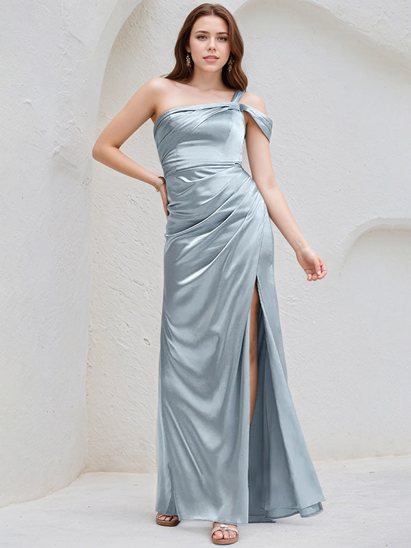 Ice Blue Satin A Line One Shoulder Sleeveless Floor Length Bridesmaid Dress