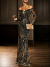 Golden-Black Off The Shoulder Gown Mermaid Sequin Dress