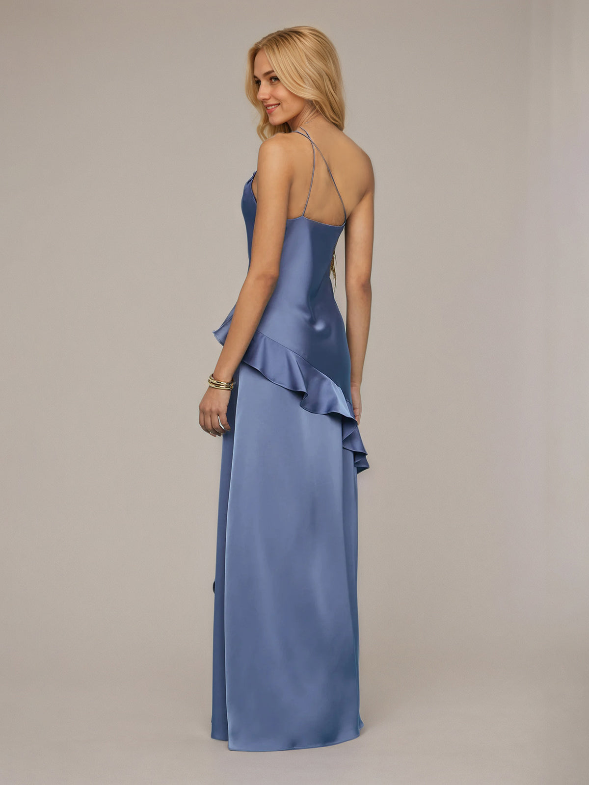 Slate Blue Sheath/Column Satin Asymmetrical Sleeveless Floor Length Dresses With Ruffles