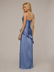 Slate Blue Sheath/Column Satin Asymmetrical Sleeveless Floor Length Dresses With Ruffles