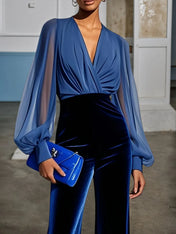 Royal Blue V Neck Mesh Long Sleeve Velvet Jumpsuit