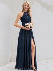 Dark Navy Chiffon A Line Halter Neck Sleeveless Floor Length Bridesmaid Dress