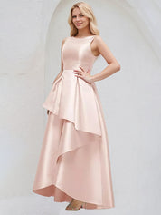 Blushing Pink A Line Scoop Neck Sleeveless Asymmetrical Satin Bridesmaid Dresses