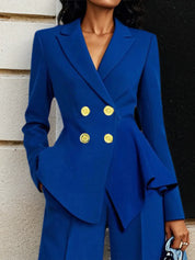 Women Blue Buckle Lapel Collar Long Sleeve Coat With Pants Two-Piece Set