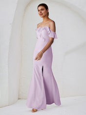 Lilac Chiffon Sheath/Column Spaghetti Straps Sleeveless Floor Length Bridesmaid Dress With Ruffle
