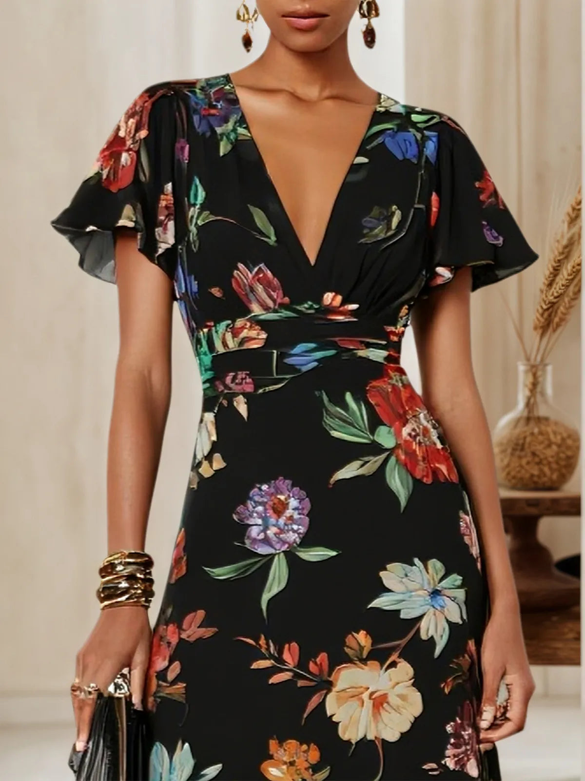 Black Floral Chiffon V Neck Short Sleeve Bell Sleeve A-Line Midi Dress