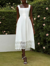 White Lace Classic Square Neck Sleeveless A-Line Tea Length Dress