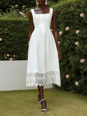 White Lace Classic Square Neck Sleeveless A-Line Tea Length Dress