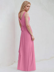 Orchid Pink Chiffon A Line V Neck Sleeveless Floor Length Bridesmaid Dress