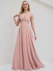Dusty Rose Chiffon A Line V Neck Sleeveless Floor Length Bridesmaid Dress