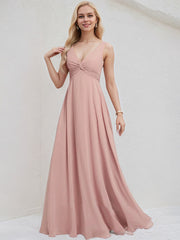 Dusty Rose Chiffon A Line V Neck Sleeveless Floor Length Bridesmaid Dress