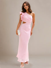 Soft Pink Chiffon Sheath/Column One Shoulder Ankle Length Bridesmaid Dresses