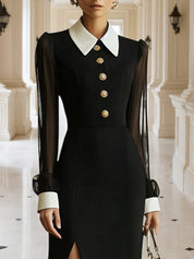 Black Mesh Collared Long Puff Sleeve Slit A-Line Blazer Maxi Dress