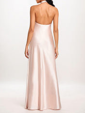 Pearl Pink Sheath/Column Halter Floor-Length Sleeveless Satin Bridesmaid Dress