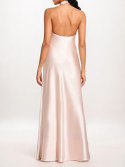 Pearl Pink Sheath/Column Halter Floor-Length Sleeveless Satin Bridesmaid Dress