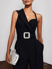 Black Side-Slit Sleeveless Wide-Leg Jumpsuit With Belt