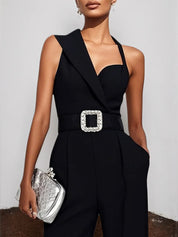 Black Side-Slit Sleeveless Wide-Leg Jumpsuit With Belt