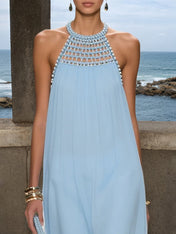 Light Blue Braided Strap Pearl Chiffon Halter Sleeveless A-Line Maxi Dress